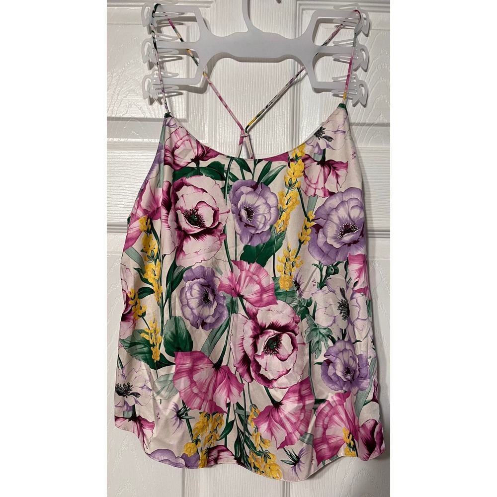 Victorias Secret Womens Medium Floral Satin Camisole Strappy Back Tank Top Pink